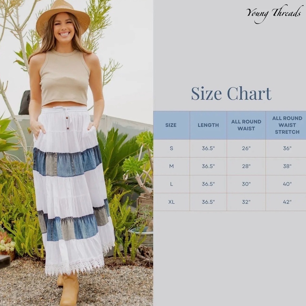Bohemian White and Denim Tiered Maxi Skirt - Picture 7 of 7